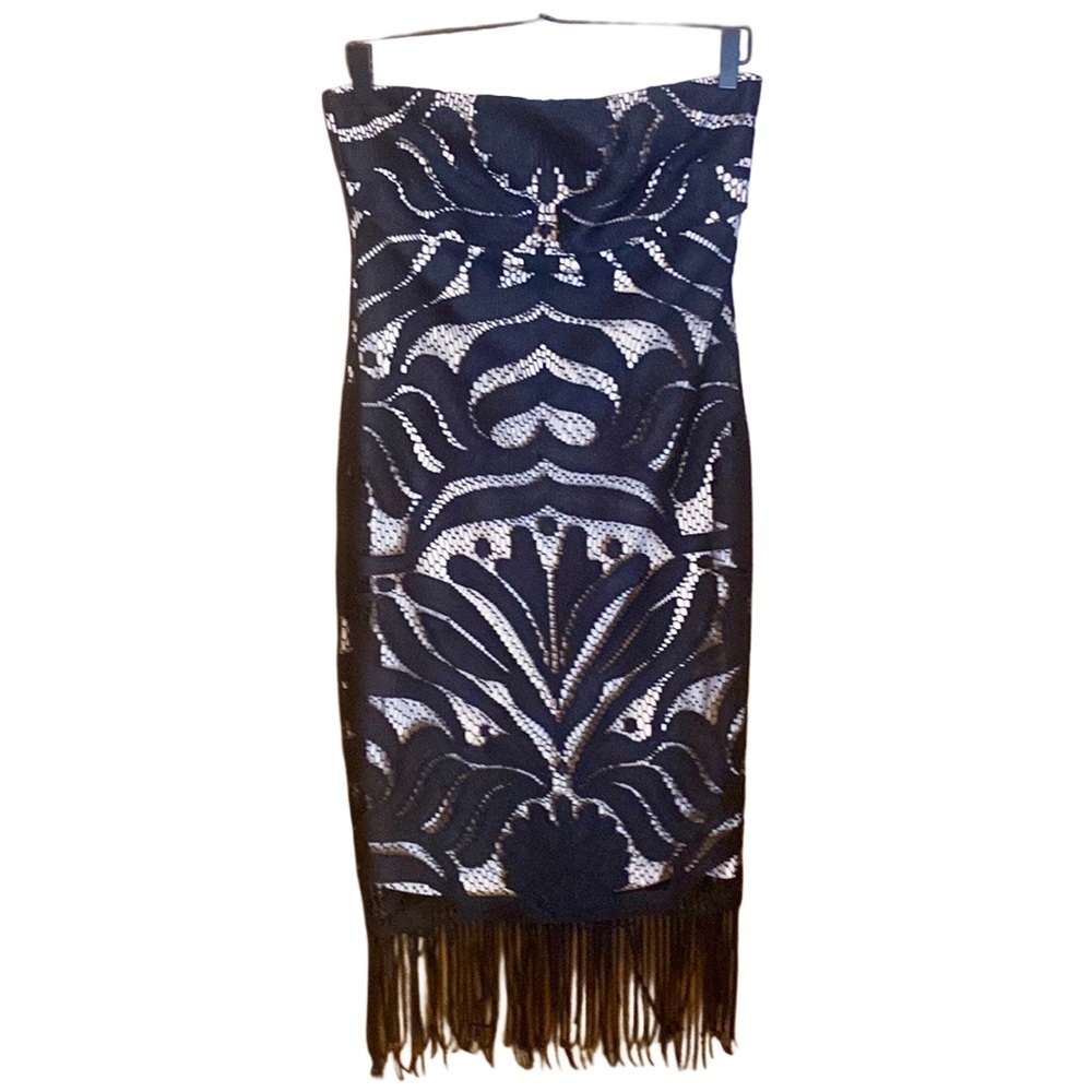 Alexia Admor Art Deco Black Strapless Lace Fringe Midi Bodycon Sheath Dress sz L